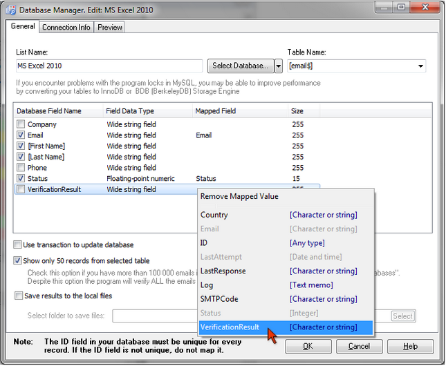 map fields in the Advanced Email Verifier