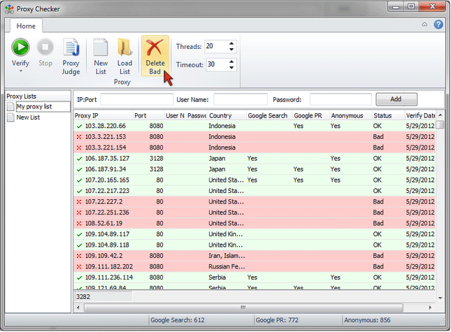 delete bad proxies from the list