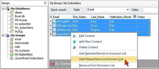 add bad emails to the exclusion list in G-Lock EasyMail
