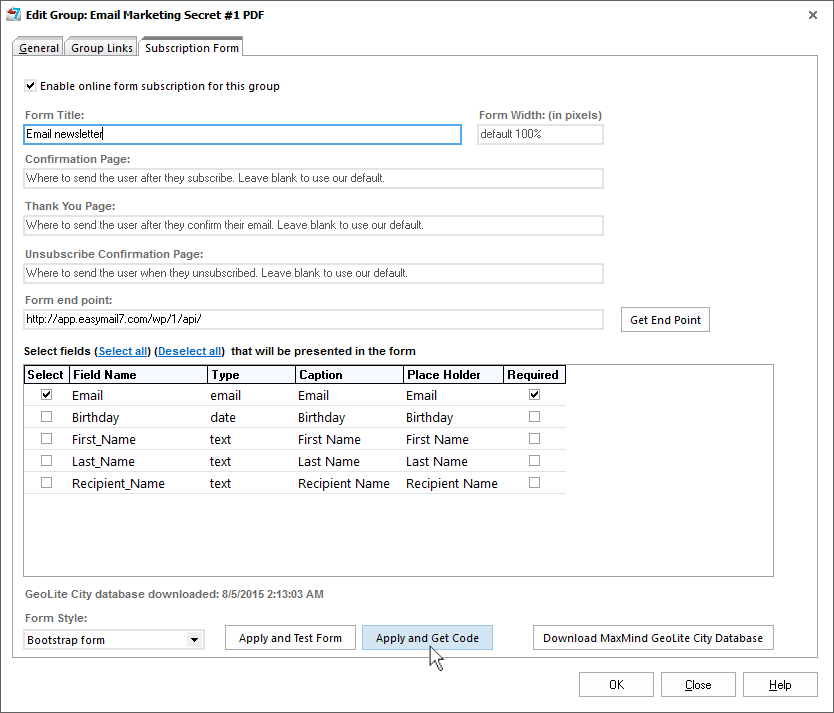 Create subscription form in EasyMail7