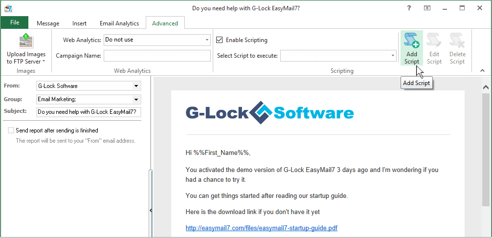 Execute script during email sending in EasyMail7