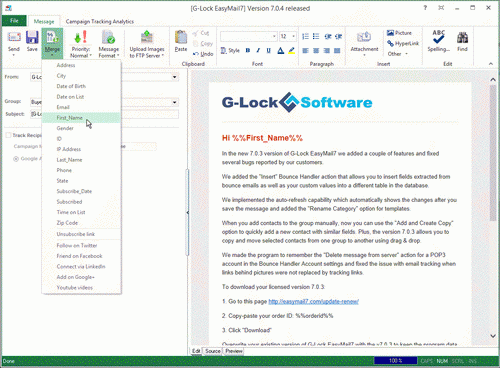 email message personalization in G-Lock EasyMail7