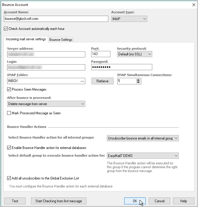 setup bounce account in G-Lock EasyMail7