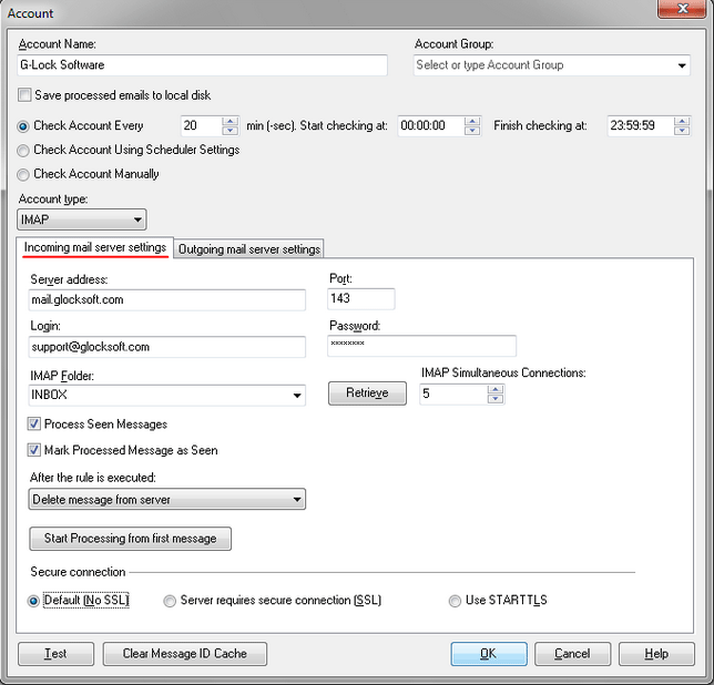 G-Lock Email Processor - IMAP mail server settings