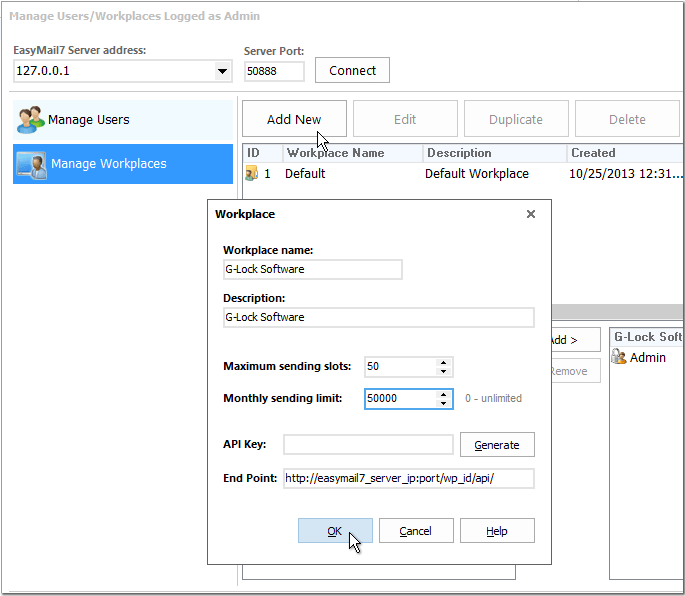 G-Lock EasyMail add new workplace