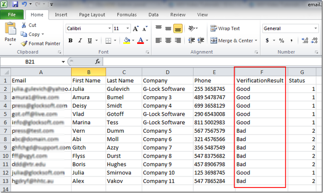results in the MS Excel file