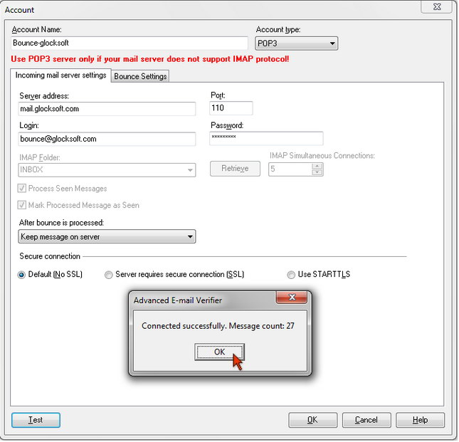 Advanced Email Verifier - POP3 account settings to process bounced emails