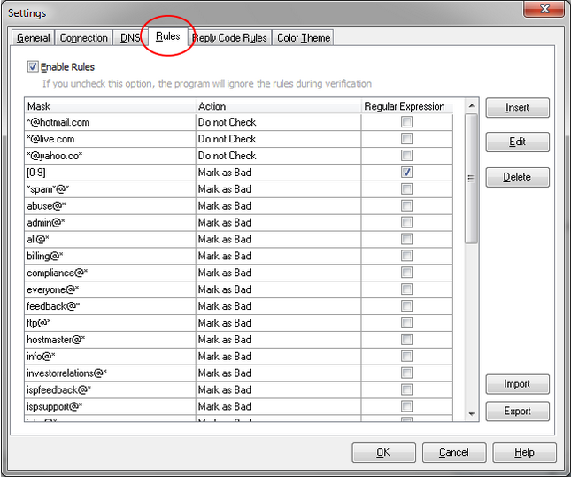 Advanced Email Verifier Rules settings