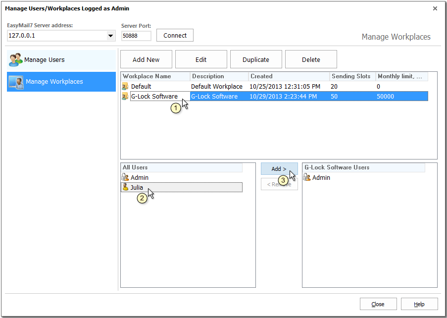 G-Lock EasyMail assign user to workplace