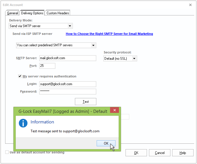 send emails via SMTP server in G-Lock EasyMail7