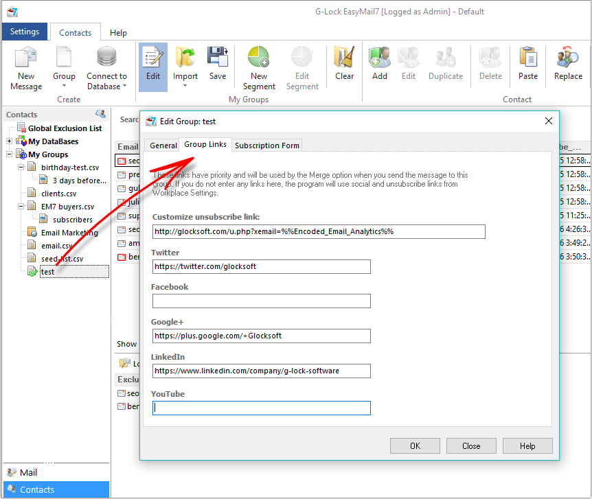 G-Lock EasyMail7 custom unsubscribe link