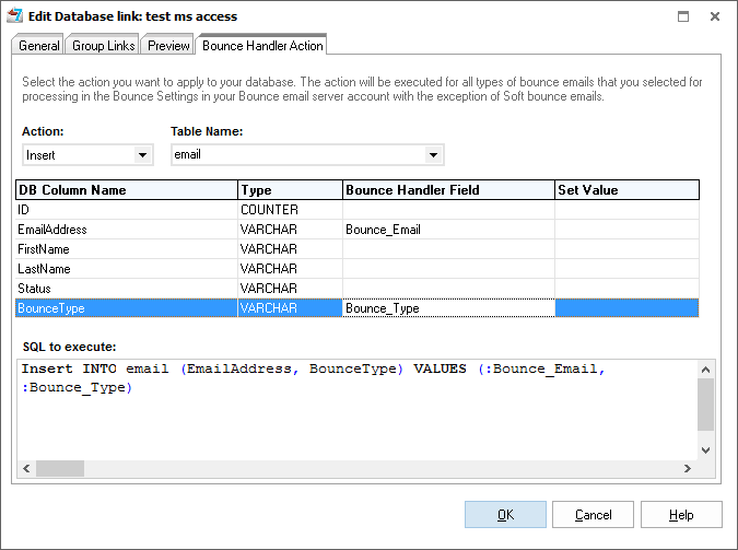 Insert bounce emails into the database