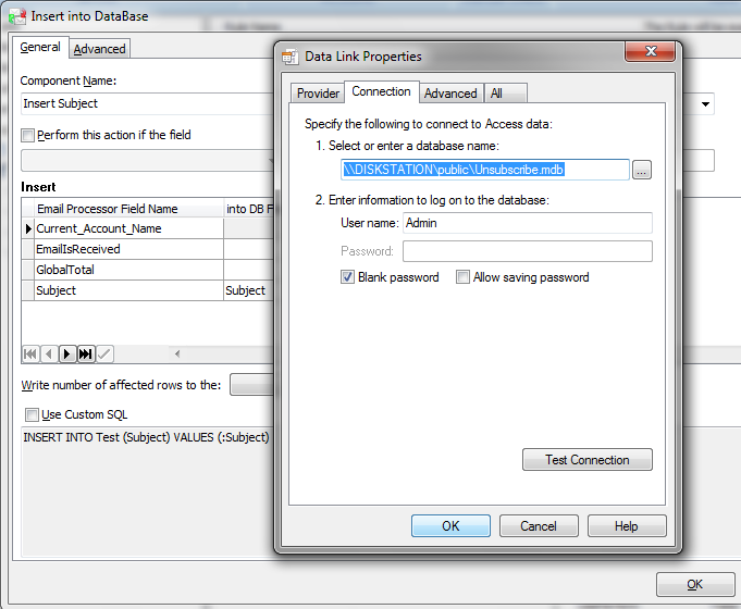 write the full path to the database on the mapped drive