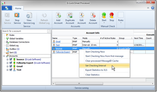 G-Lock Email Processor - email account statistics