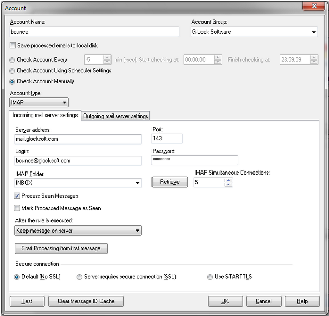 G-Lock Email Processor account settings