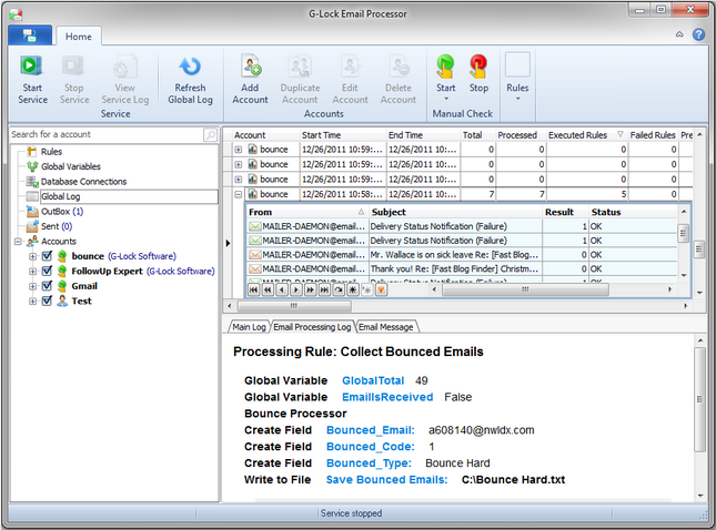 G-Lock Email Processor email processing log