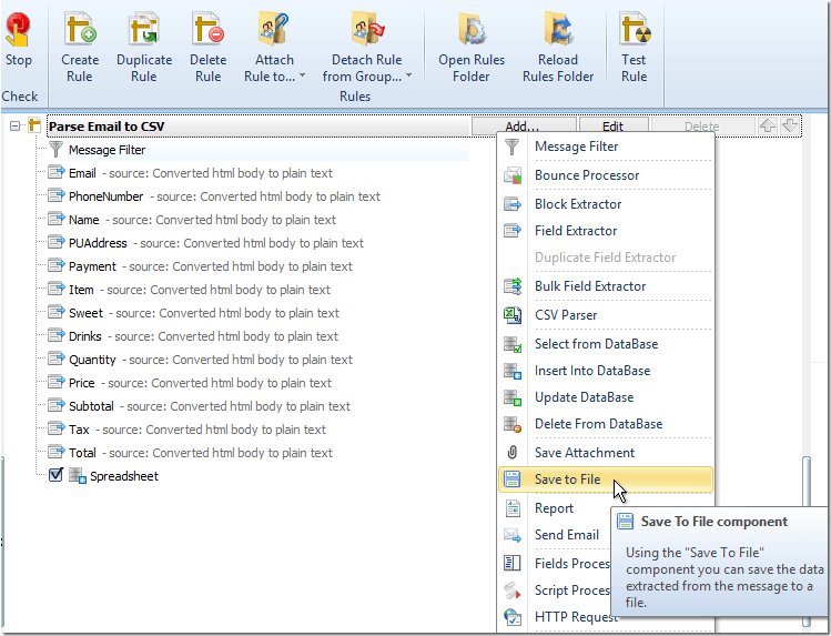 Extract data and parse email to CSV