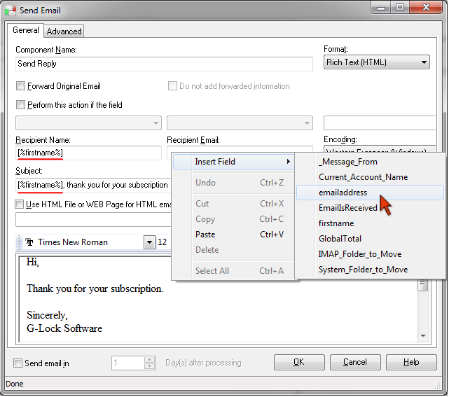G-Lock Email Processor - send email settings