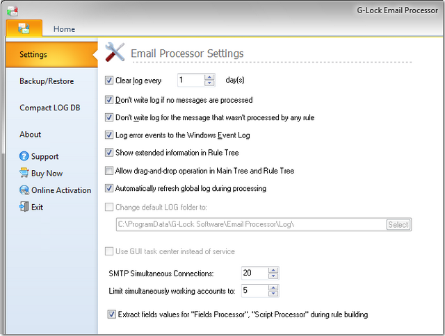 G-Lock Email Processor settings