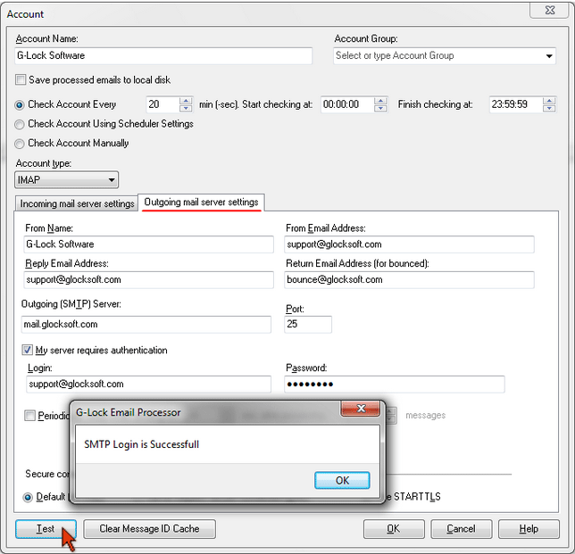 G-Lock Email Processor - SMTP mail server settings