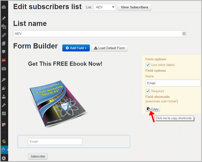 copy shortcode in the optin form