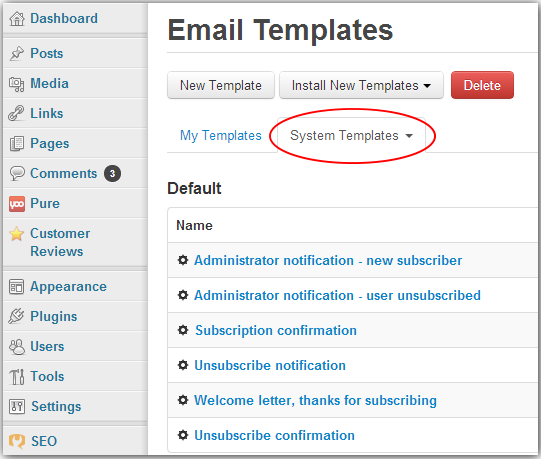 view default system templates